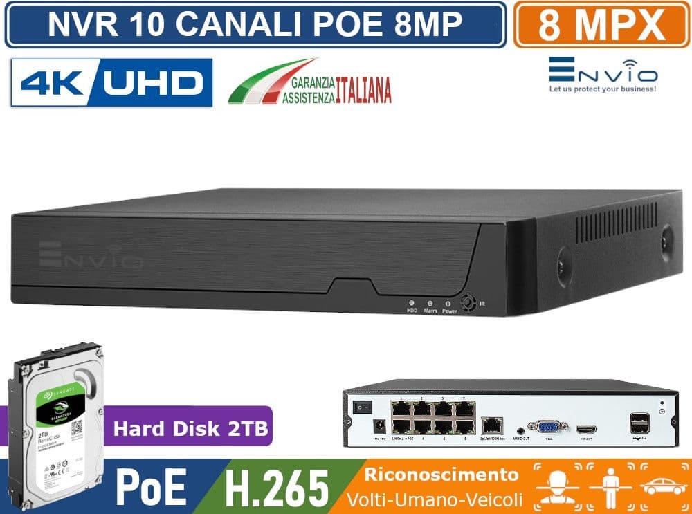 NVR 10 CANALI 8 CANALI POE + 2 IP 8 MEGAPIXEL 4K ULTRA HD ONVIF LINUX SYSTEM P2P CLOUD VIDEOSORVEGLIANZA CON VIDEOANALISI CON RICONOSCIMENTO VOLTI UMANO VEICOLI - 5