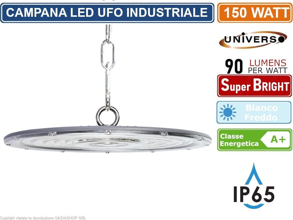 CAMPANA LED UFO LAMPADA INDUSTRIALE A SOSPENSIONE ULTRA SLIM 150W DA ESTERNO LED DRIVER INCORPORATO IP65 13500 LUMEN - 5