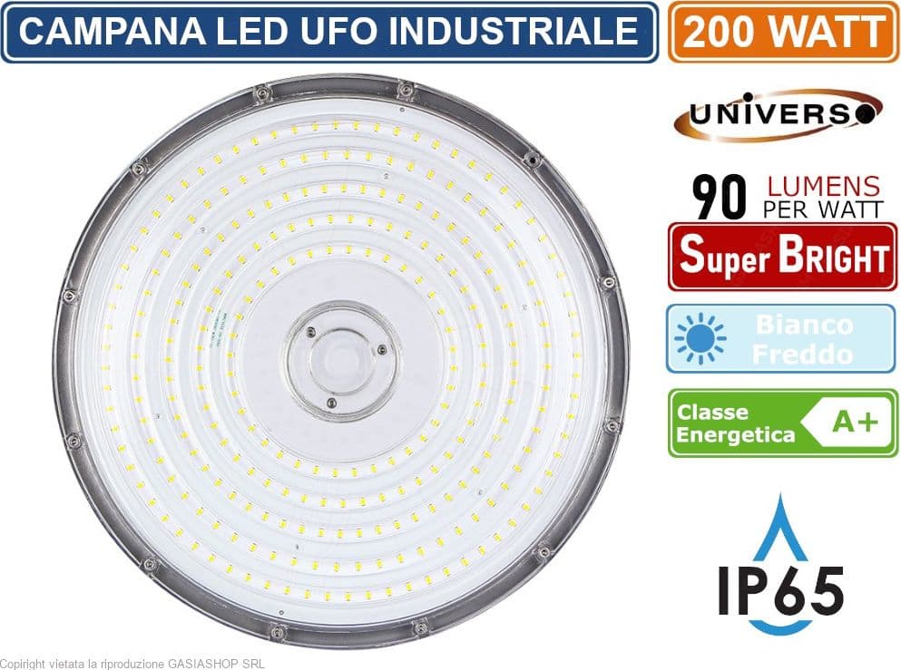 CAMPANA LED UFO LAMPADA INDUSTRIALE A SOSPENSIONE ULTRA SLIM 200W DA ESTERNO LED DRIVER INCORPORATO IP65 18000 LUMEN - 2