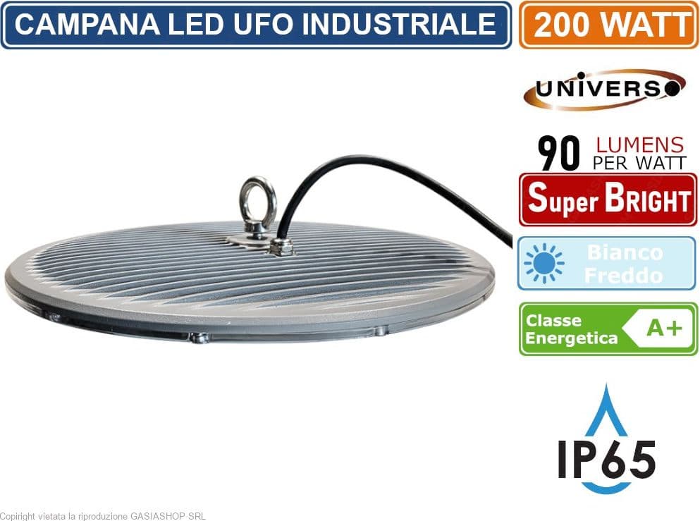 CAMPANA LED UFO LAMPADA INDUSTRIALE A SOSPENSIONE ULTRA SLIM 200W DA ESTERNO LED DRIVER INCORPORATO IP65 18000 LUMEN - 3
