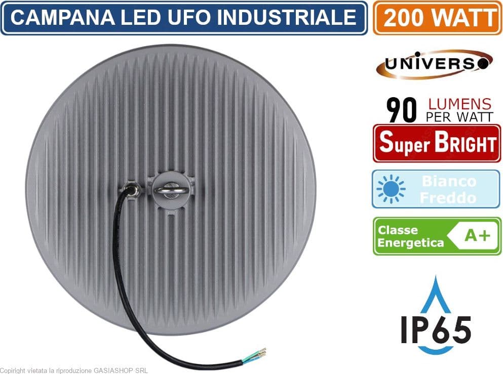 CAMPANA LED UFO LAMPADA INDUSTRIALE A SOSPENSIONE ULTRA SLIM 200W DA ESTERNO LED DRIVER INCORPORATO IP65 18000 LUMEN - 4