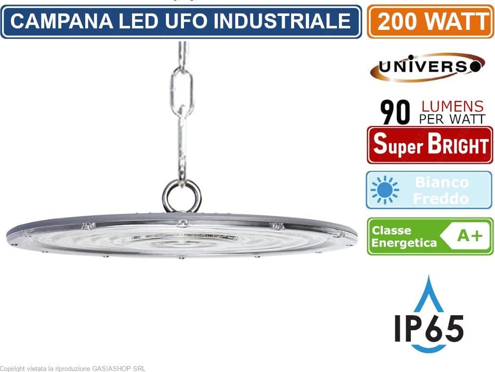 CAMPANA LED UFO LAMPADA INDUSTRIALE A SOSPENSIONE ULTRA SLIM 200W DA ESTERNO LED DRIVER INCORPORATO IP65 18000 LUMEN - 5