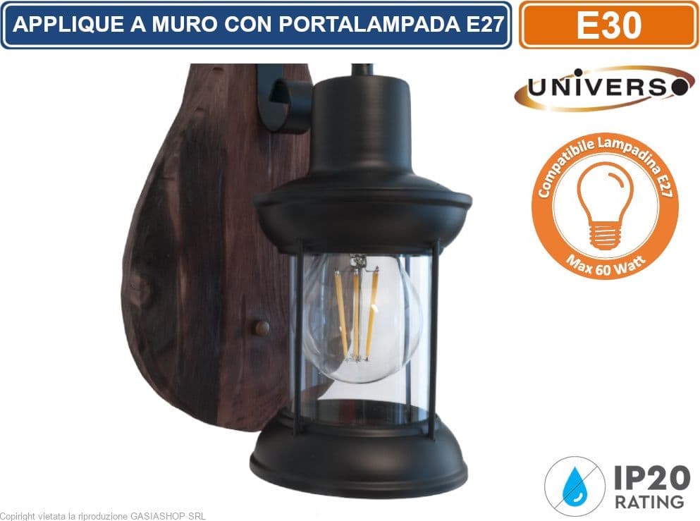 UNIVERSO APPLIQUE VINTAGE COUNTRY RETRO' DA PARETE IN METALLO E LEGNO CON PORTALAMPADA PER LAMPADINE  E27 - 2