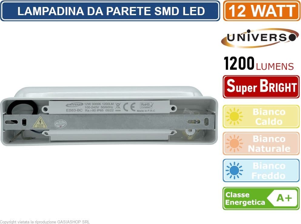 APPLIQUE LED BIANCA 12W LAMPADA IMPERMEABILE IP65 DA PARETE A MURO RETTANGOLARE GIARDINO INGRESSO 230V LUCE CALDA 3000K - NATURALE 4000K - FREDDA 6500K - 3