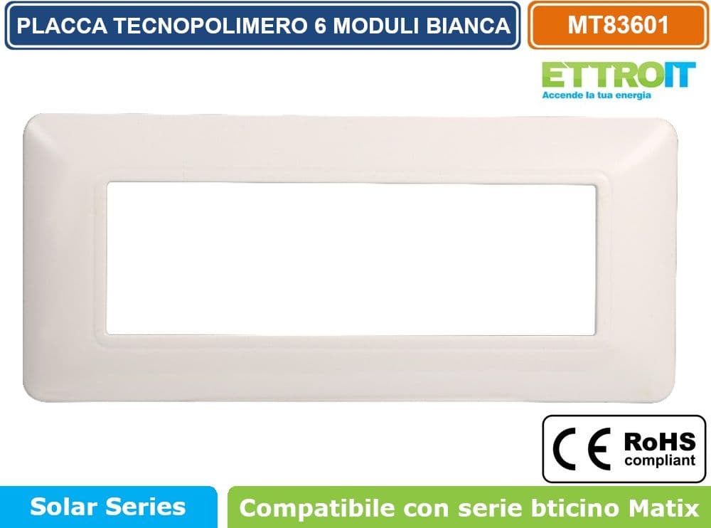 PLACCA IN TECNOPOLIMERO DI COLORE BIANCO COMPATIBILE CON SERIE BTICINO MATIX 2 - 3 - 4 - 6 MODULI ETTROIT - 5