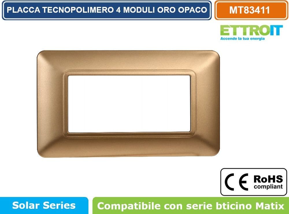 PLACCA IN TECNOPOLIMERO DI COLORE ORO COMPATIBILE CON SERIE BTICINO MATIX 2 - 3 - 4 - 6 MODULI ETTROIT - 4