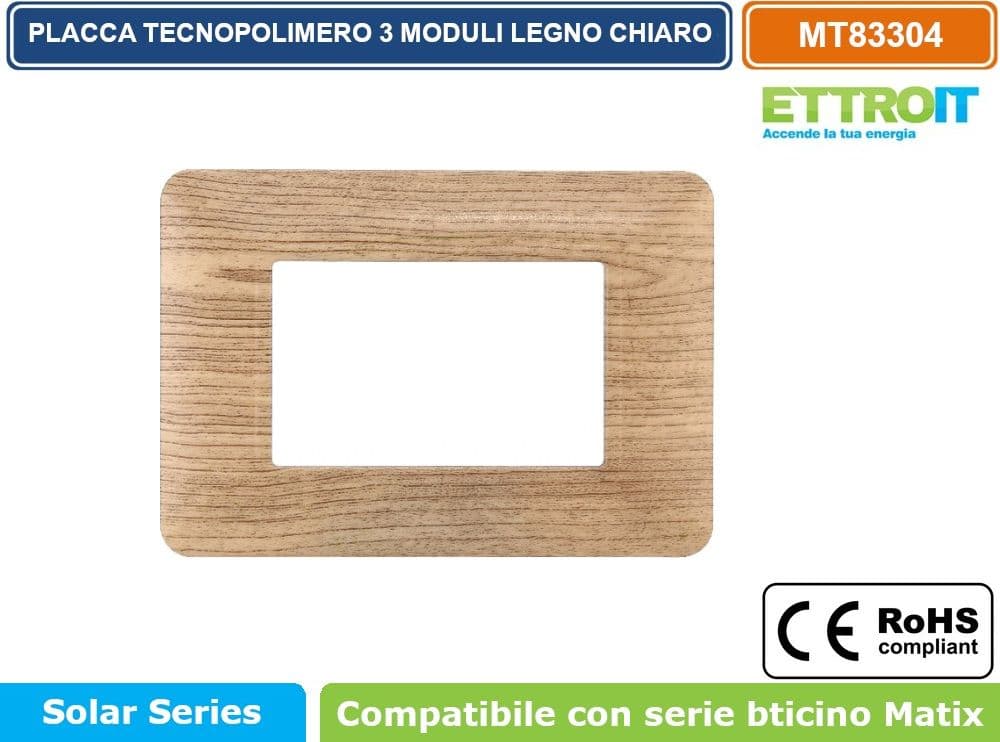 PLACCA IN TECNOPOLIMERO DI COLORE LEGNO CHIARO COMPATIBILE CON SERIE BTICINO MATIX 2 - 3 - 4 - 6 MODULI ETTROIT - 3