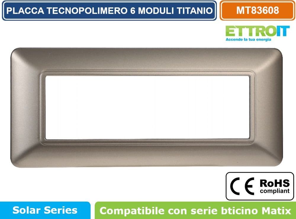 PLACCA IN TECNOPOLIMERO DI COLORE TITANIO COMPATIBILE CON SERIE BTICINO MATIX 2 - 3 - 4 - 6 MODULI ETTROIT - 5