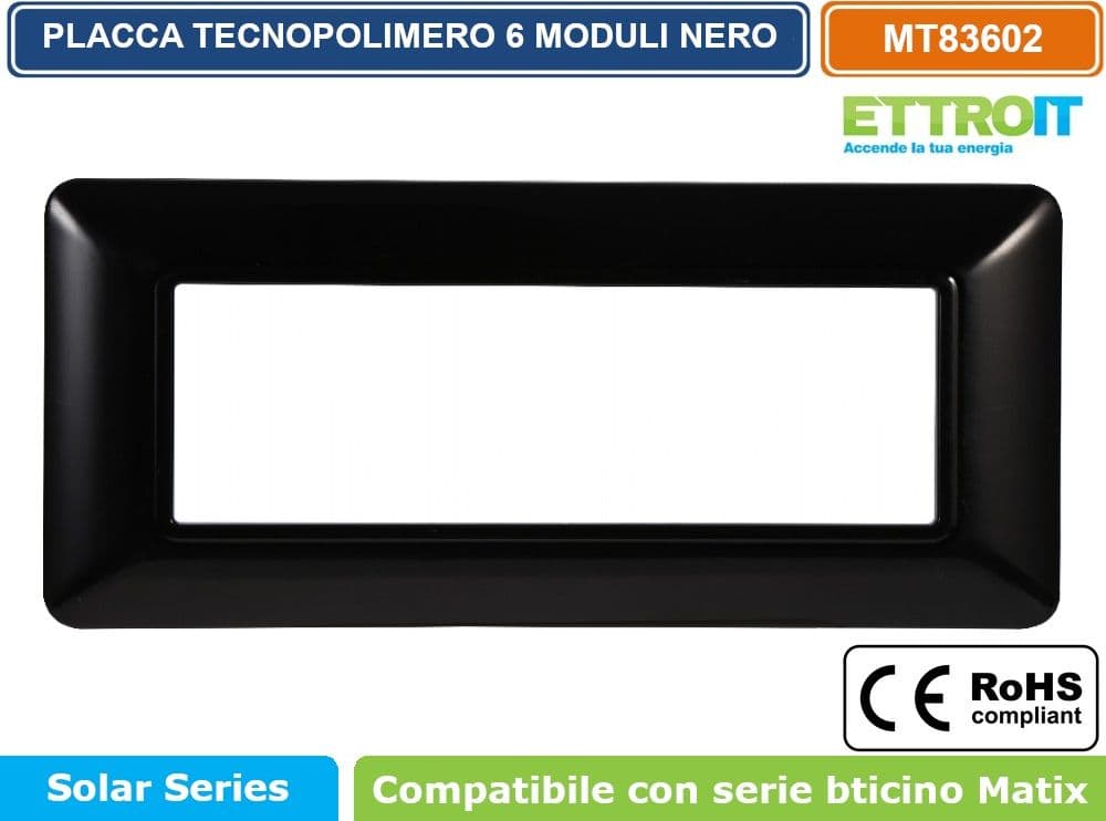 PLACCA IN TECNOPOLIMERO DI COLORE NERO COMPATIBILE CON SERIE BTICINO MATIX 2 - 3 - 4 - 6 MODULI ETTROIT - 5