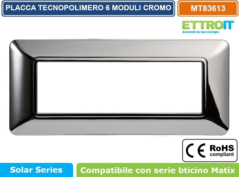 PLACCA IN TECNOPOLIMERO DI COLORE CROMATO LUCIDO COMPATIBILE CON SERIE BTICINO MATIX 2 - 3 - 4 - 6 MODULI ETTROIT - 5