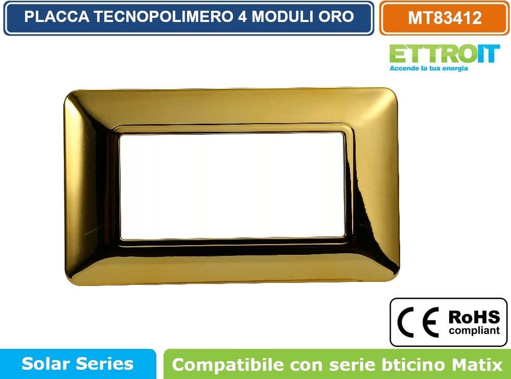 PLACCA IN TECNOPOLIMERO DI COLORE ORO LUCIDO COMPATIBILE CON SERIE BTICINO MATIX 2 - 3 - 4 - 6 MODULI ETTROIT - 4