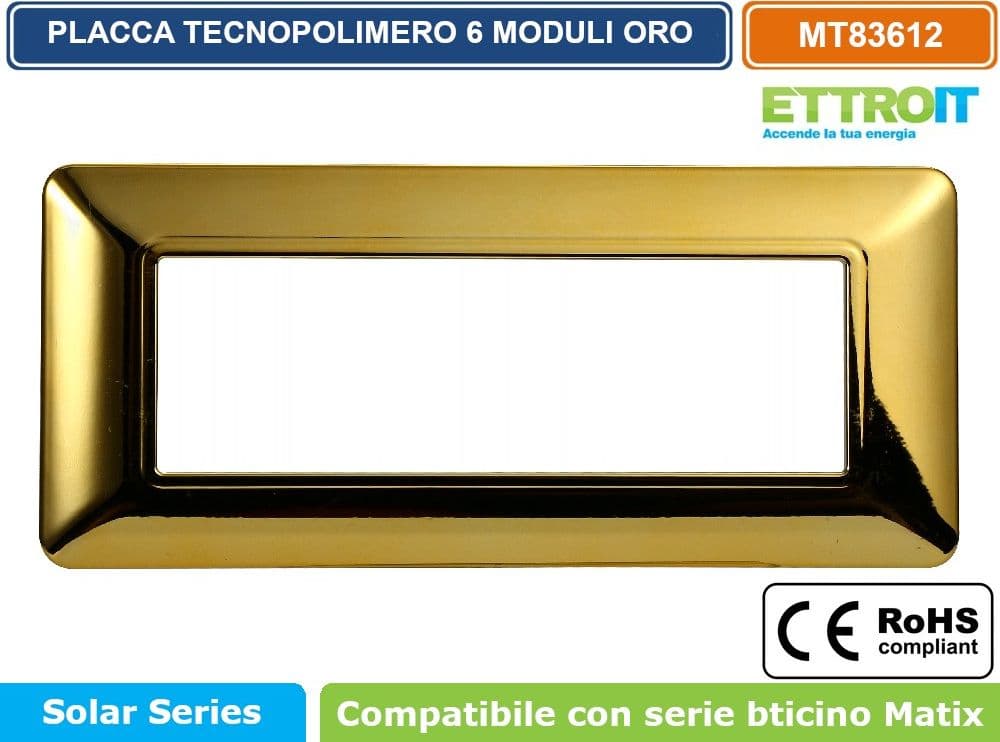 PLACCA IN TECNOPOLIMERO DI COLORE ORO LUCIDO COMPATIBILE CON SERIE BTICINO MATIX 2 - 3 - 4 - 6 MODULI ETTROIT - 5
