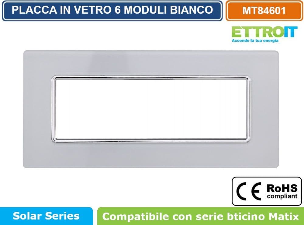 PLACCA IN VETRO COLORE BIANCO COMPATIBILE CON SERIE BTICINO MATIX 2 - 3 - 4 - 6 MODULI ETTROIT - 5