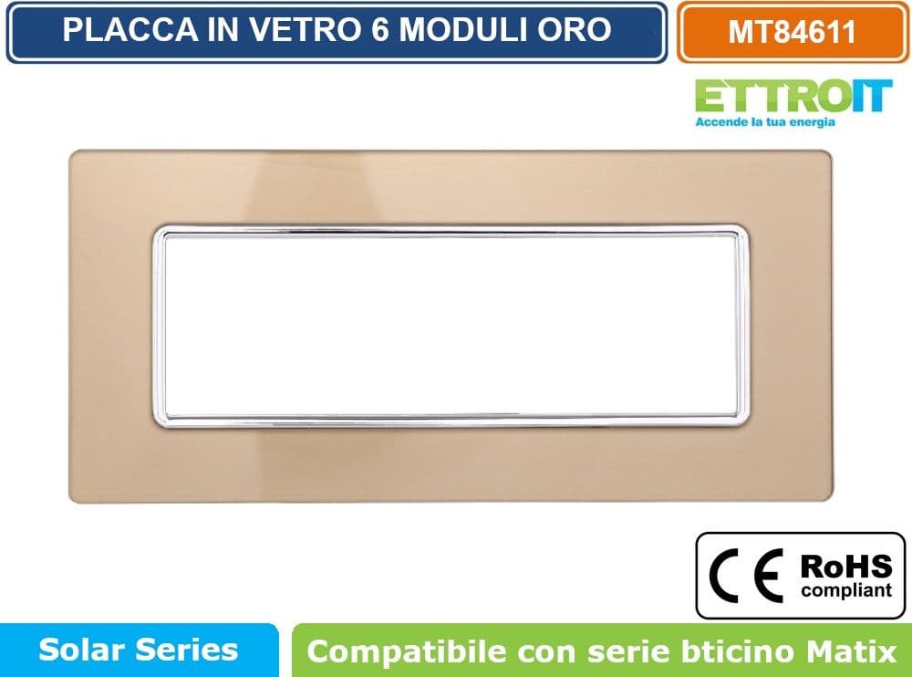 PLACCA IN VETRO COLORE ORO COMPATIBILE CON SERIE BTICINO MATIX 2 - 3 - 4 - 6 MODULI ETTROIT - 5