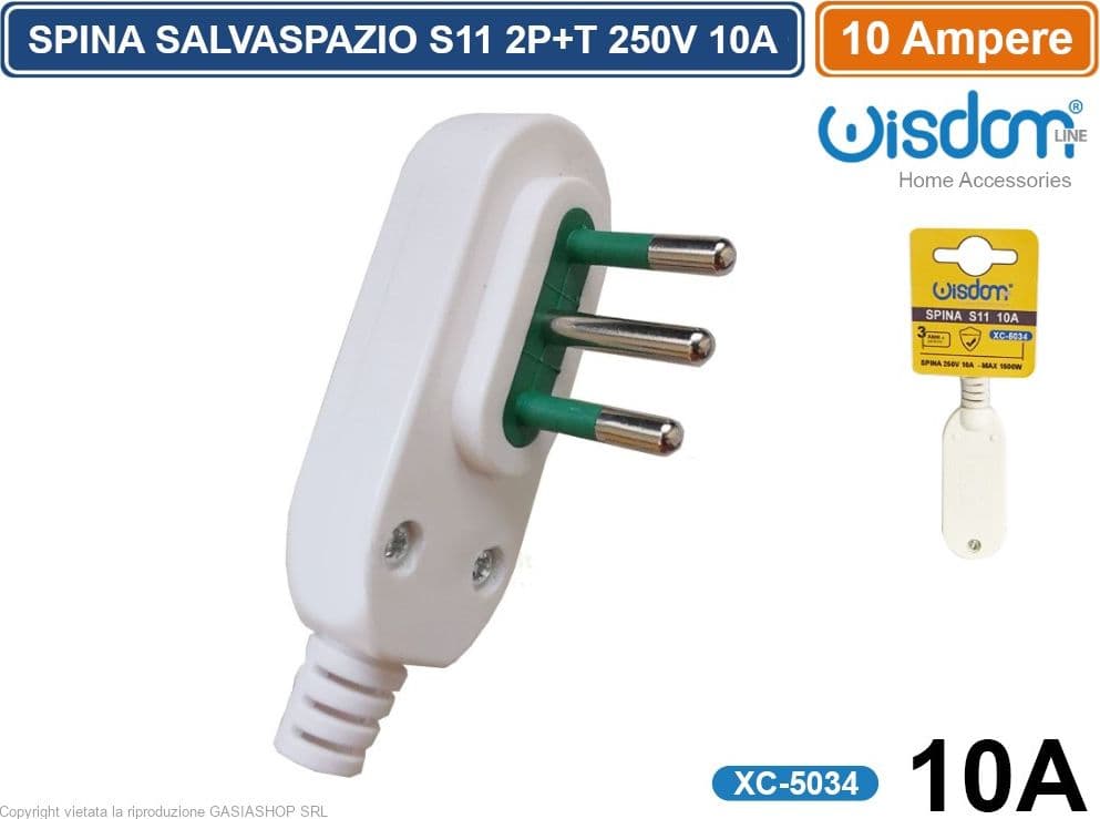SPINA ELETTRICA SALVASPAZIO S11 2P+T 250V 10A POTENZA MASSIMA 1500 WATT