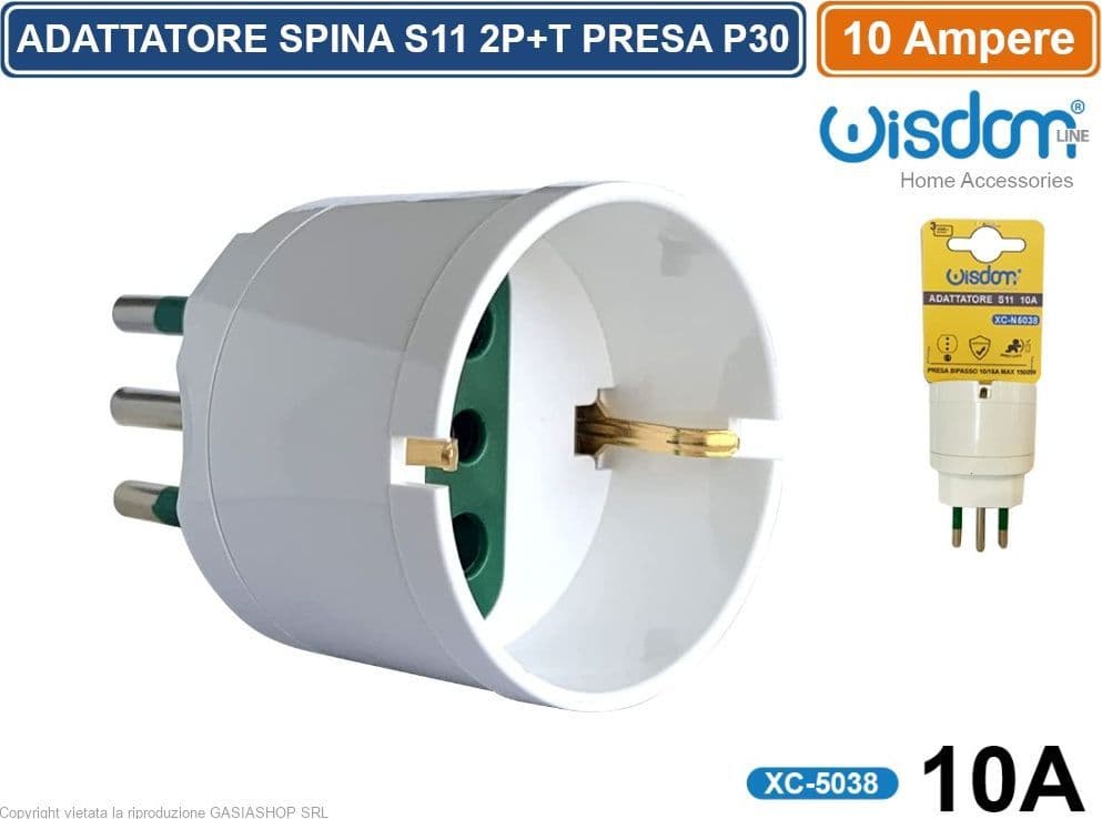 ADATTATORE SINGOLO SPINA S11 10A 2P+T CON PRESA SCHUKO + 10A 2P+T COLORE BIANCO - 4