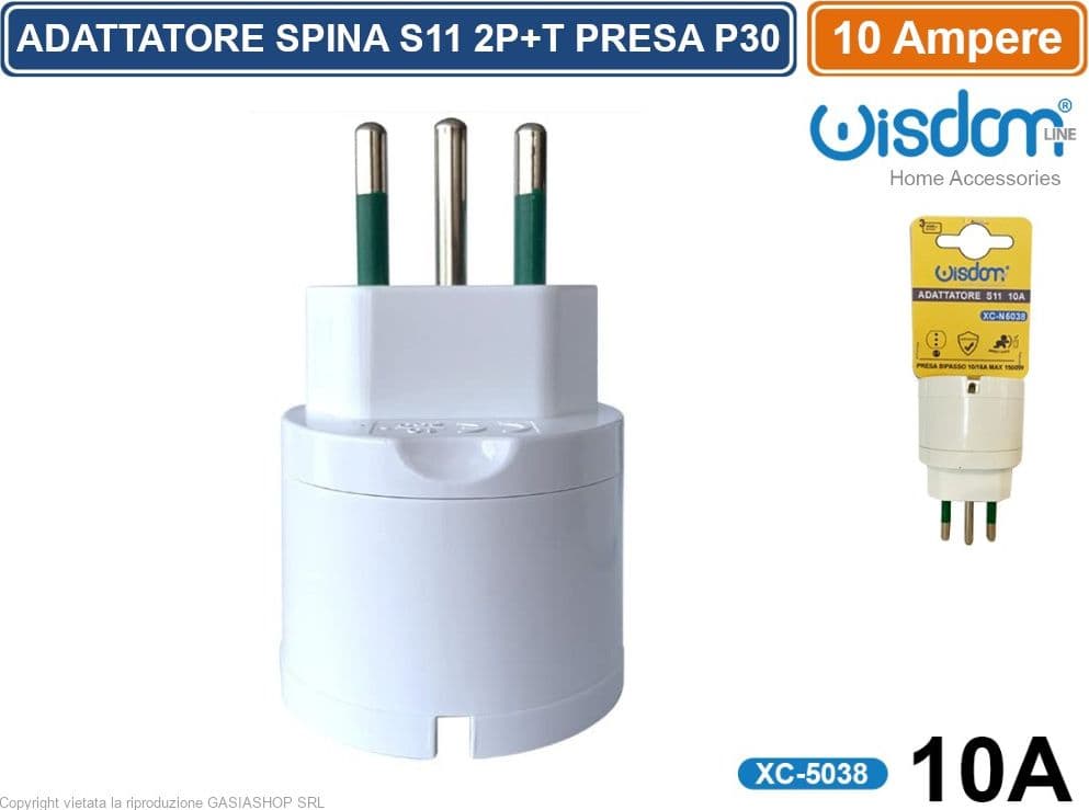ADATTATORE SINGOLO SPINA S11 10A 2P+T CON PRESA SCHUKO + 10A 2P+T COLORE BIANCO - 2