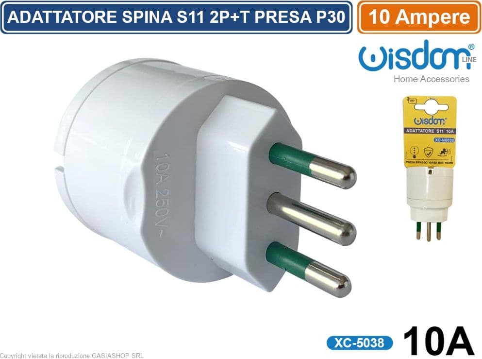 ADATTATORE SINGOLO SPINA S11 10A 2P+T CON PRESA SCHUKO + 10A 2P+T COLORE BIANCO - 3