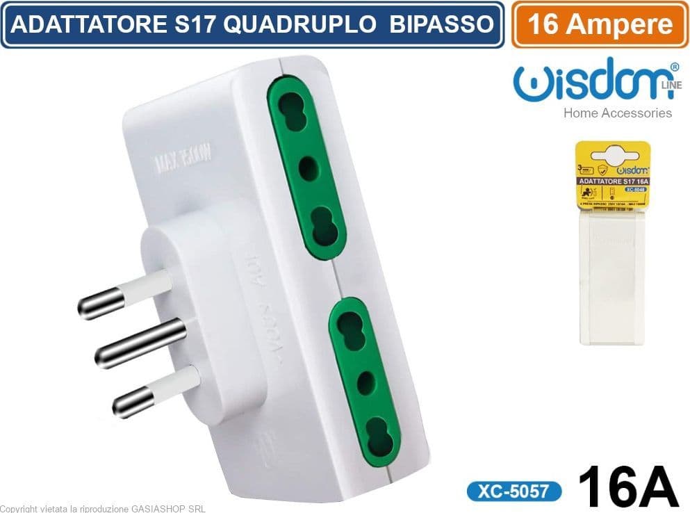 ADATTATORE QUADRUPLO CON 4 PRESE LATERALI 10/16A 2P+T COLORE BIANCO SPINA 16A 2P+T - 4