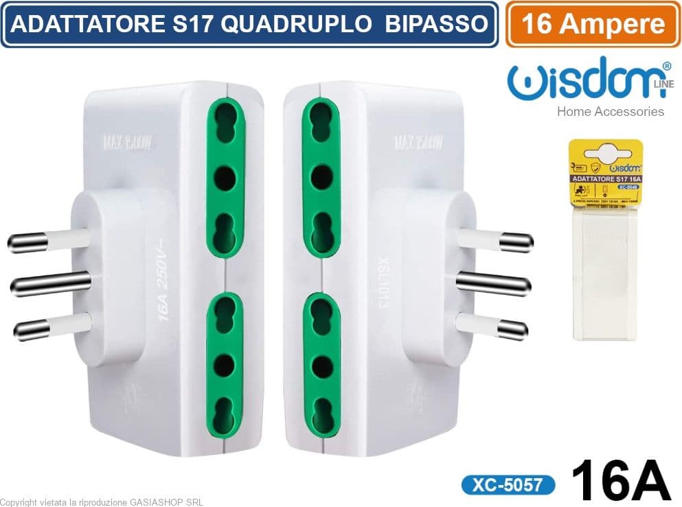 ADATTATORE QUADRUPLO CON 4 PRESE LATERALI 10/16A 2P+T COLORE BIANCO SPINA 16A 2P+T - 2