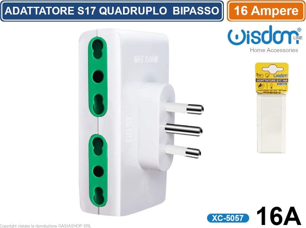 ADATTATORE QUADRUPLO CON 4 PRESE LATERALI 10/16A 2P+T COLORE BIANCO SPINA 16A 2P+T - 3