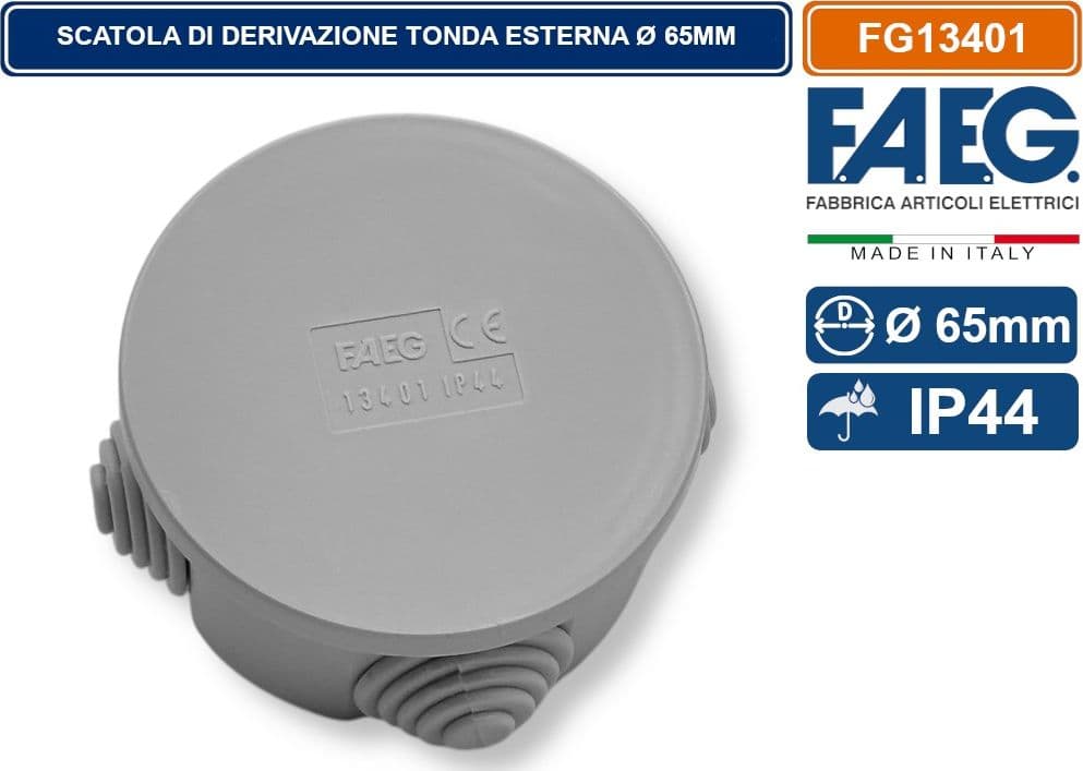 SCATOLA STAGNA DI DERIVAZIONE CON COPERCHIO A PRESSIONE TONDA Ø65X35MM CON 4 PASSACAVI IP44 FAEG - FG13401