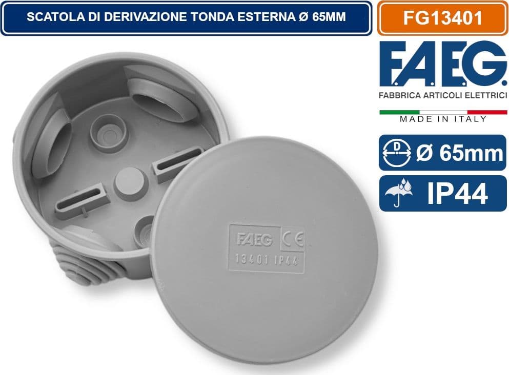 SCATOLA STAGNA DI DERIVAZIONE CON COPERCHIO A PRESSIONE TONDA Ø65X35MM CON 4 PASSACAVI IP44 FAEG - FG13401 - 2