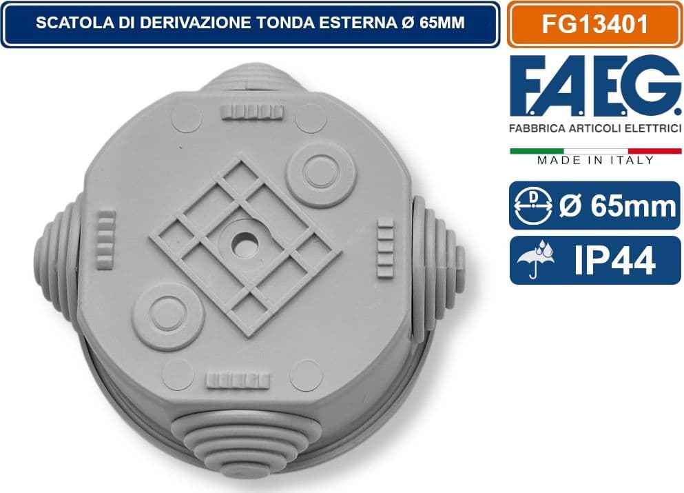 SCATOLA STAGNA DI DERIVAZIONE CON COPERCHIO A PRESSIONE TONDA Ø65X35MM CON 4 PASSACAVI IP44 FAEG - FG13401 - 3
