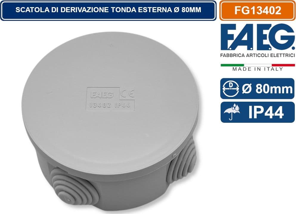 SCATOLA STAGNA DI DERIVAZIONE CON COPERCHIO A PRESSIONE TONDA Ø80X40MM CON 4 PASSACAVI IP44 FAEG - FG13402