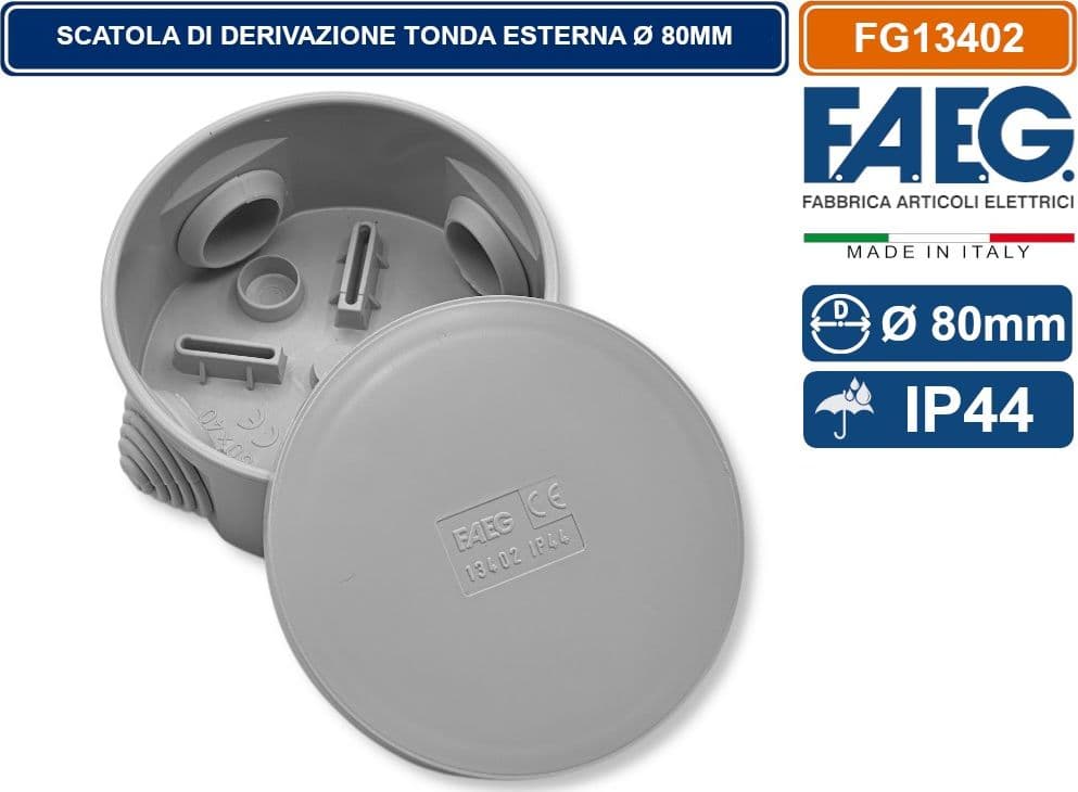 SCATOLA STAGNA DI DERIVAZIONE CON COPERCHIO A PRESSIONE TONDA Ø80X40MM CON 4 PASSACAVI IP44 FAEG - FG13402 - 2