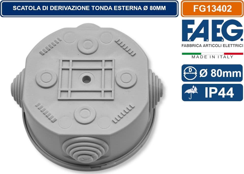 SCATOLA STAGNA DI DERIVAZIONE CON COPERCHIO A PRESSIONE TONDA Ø80X40MM CON 4 PASSACAVI IP44 FAEG - FG13402 - 3
