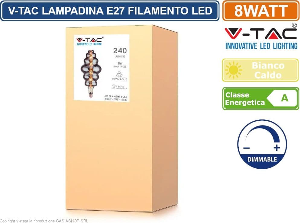 V-TAC VT-2169LAMPADINA E27 FILAMENTO LED 8W DIMMERABILE VETRO AMBRATO OSCURATO - 2