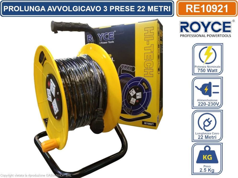 PROLUNGA AVVOLGICAVO 22 METRI 750W CON 3 ATTACCHI UNIVERSALI 16A E SPINA SCHUKO - 2