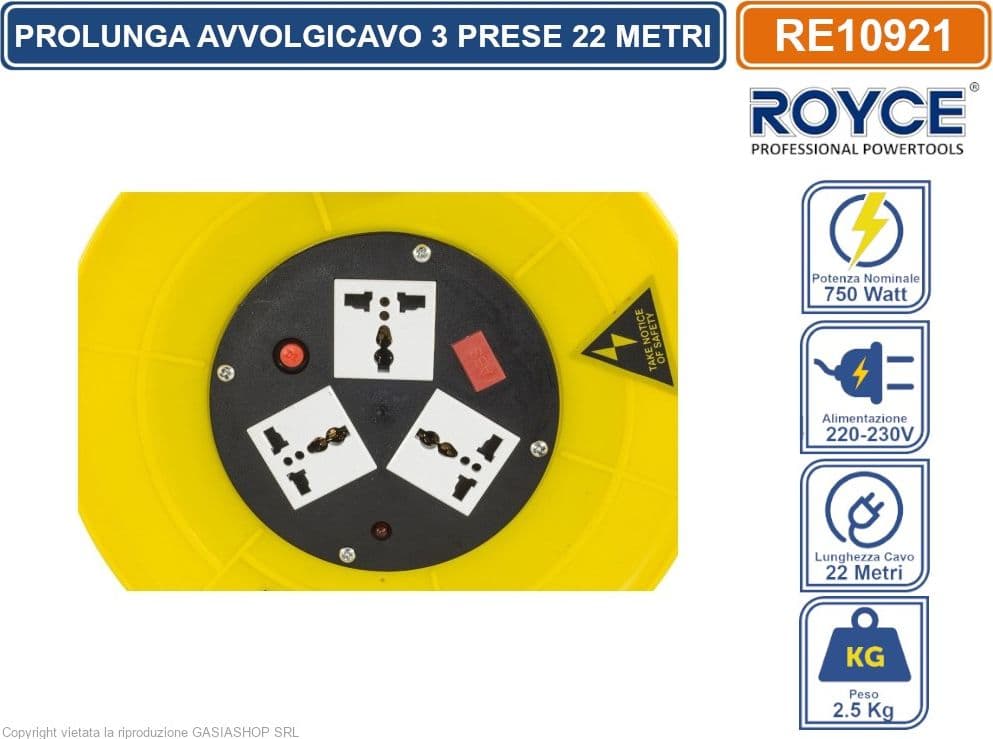 PROLUNGA AVVOLGICAVO 22 METRI 750W CON 3 ATTACCHI UNIVERSALI 16A E SPINA SCHUKO - 3