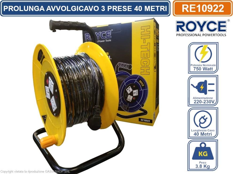PROLUNGA AVVOLGICAVO 40 METRI 750W CON 3 ATTACCHI UNIVERSALI 16A E SPINA SCHUKO - 2
