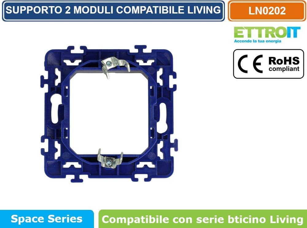 SUPPORTO 2 MODULI 2M PER SCATOLA CASSETTA 502 COMPATIBILE BTICINO SERIE LIVING - ETTROIT - 2