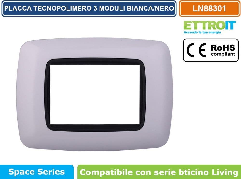 PLACCA IN TECNOPOLIMERO DI COLORE BIANCA CON BORDO NERO COMPATIBILE CON SERIE BTICINO LIVING  3 - 4 - 7 MODULI ETTROIT - 2