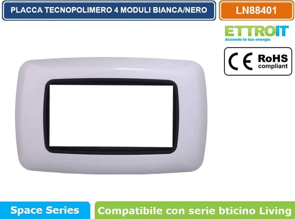 PLACCA IN TECNOPOLIMERO DI COLORE BIANCA CON BORDO NERO COMPATIBILE CON SERIE BTICINO LIVING  3 - 4 - 7 MODULI ETTROIT - 3