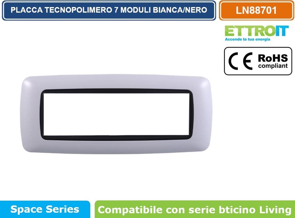 PLACCA IN TECNOPOLIMERO DI COLORE BIANCA CON BORDO NERO COMPATIBILE CON SERIE BTICINO LIVING  3 - 4 - 7 MODULI ETTROIT - 4