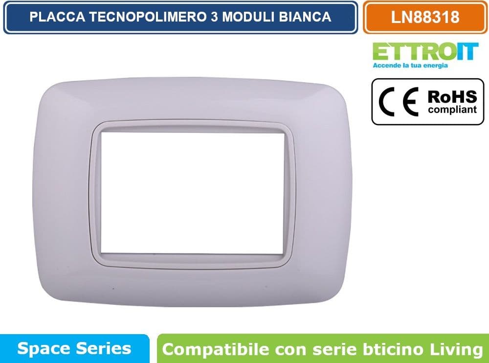 PLACCA IN TECNOPOLIMERO DI COLORE BIANCA COMPATIBILE CON SERIE BTICINO LIVING  3 - 4 - 7 MODULI - ETTROIT - 2