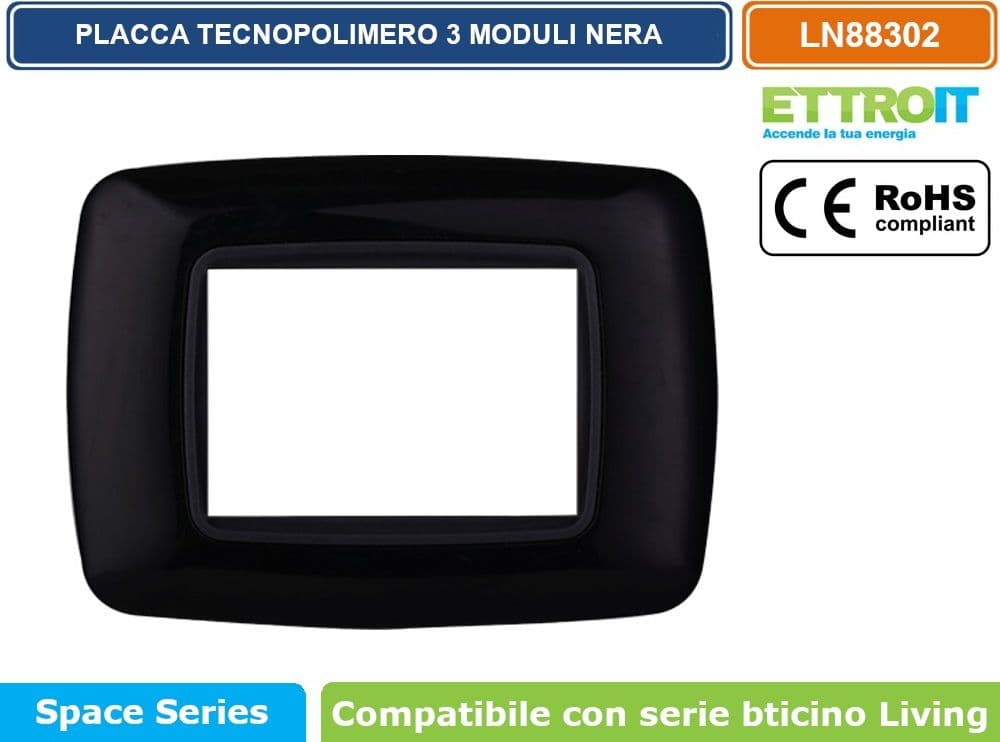 PLACCA IN TECNOPOLIMERO DI COLORE NERO COMPATIBILE CON SERIE BTICINO LIVING  3 - 4 - 7 MODULI - ETTROIT - 2