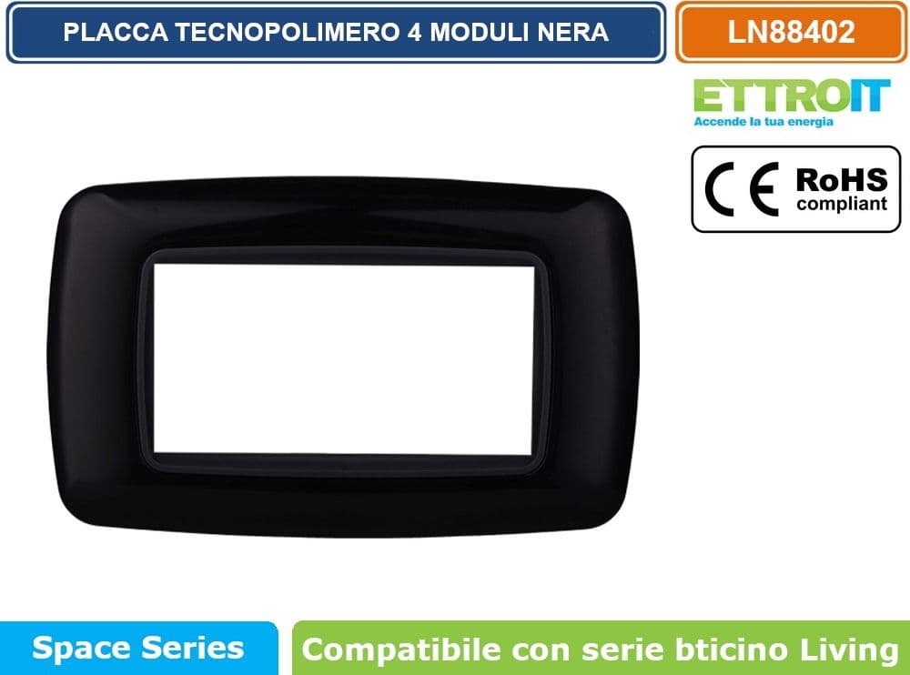 PLACCA IN TECNOPOLIMERO DI COLORE NERO COMPATIBILE CON SERIE BTICINO LIVING  3 - 4 - 7 MODULI - ETTROIT - 3