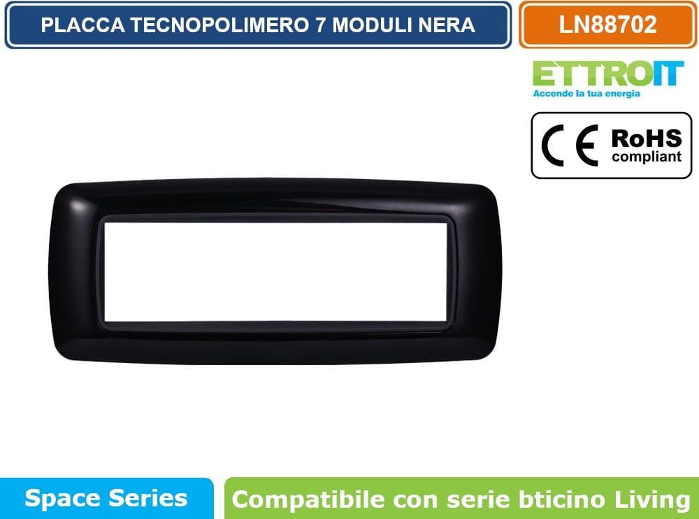 PLACCA IN TECNOPOLIMERO DI COLORE NERO COMPATIBILE CON SERIE BTICINO LIVING  3 - 4 - 7 MODULI - ETTROIT - 4