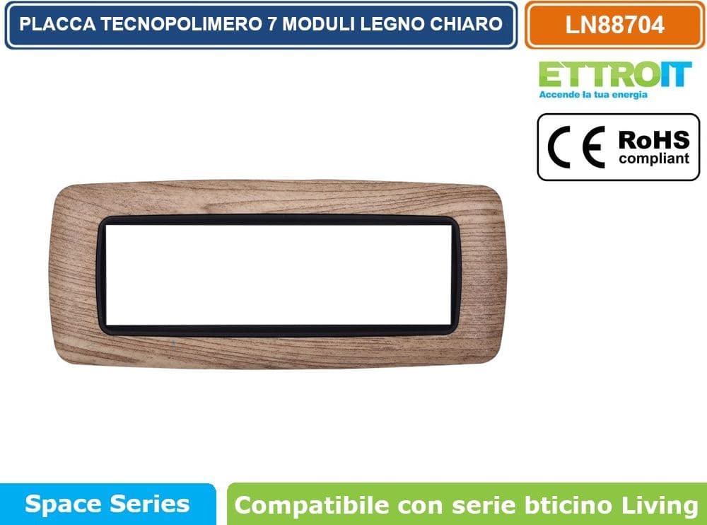 PLACCA IN TECNOPOLIMERO DI COLORE LEGNO CHIARO COMPATIBILE CON SERIE BTICINO LIVING  3 - 4 - 7 MODULI - ETTROIT - 4