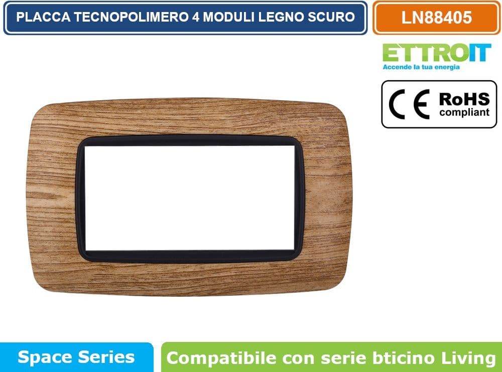 PLACCA IN TECNOPOLIMERO DI COLORE LEGNO SCURO COMPATIBILE CON SERIE BTICINO LIVING  3 - 4 - 7 MODULI - ETTROIT - 3