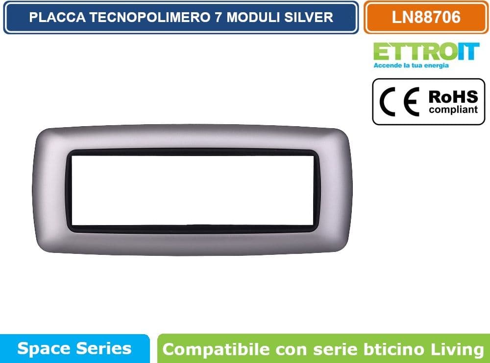 PLACCA IN TECNOPOLIMERO DI COLORE SILVER COMPATIBILE CON SERIE BTICINO LIVING  3 - 4 - 7 MODULI - ETTROIT - 3