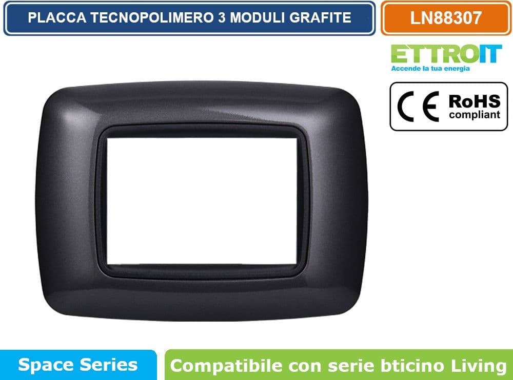 PLACCA IN TECNOPOLIMERO DI COLORE GRAFITE COMPATIBILE CON SERIE BTICINO LIVING  3 - 4 - 7 MODULI - ETTROIT - 2