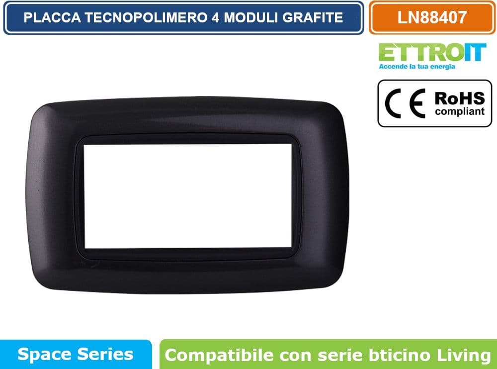 PLACCA IN TECNOPOLIMERO DI COLORE GRAFITE COMPATIBILE CON SERIE BTICINO LIVING  3 - 4 - 7 MODULI - ETTROIT - 3