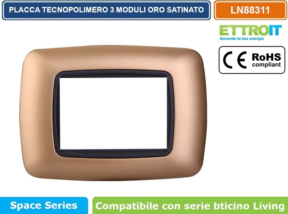 PLACCA IN TECNOPOLIMERO DI COLORE ORO SATINATO COMPATIBILE CON SERIE BTICINO LIVING  3 - 4 - 7 MODULI - ETTROIT - 2