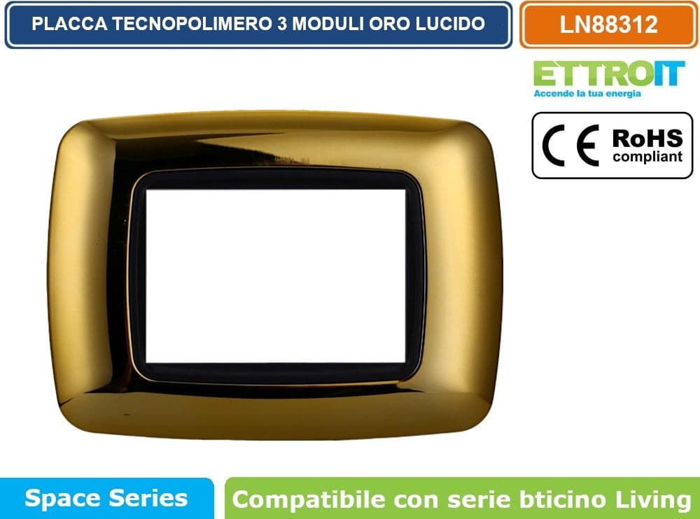 PLACCA IN TECNOPOLIMERO DI COLORE ORO LUCIDO COMPATIBILE CON SERIE BTICINO LIVING  3 - 4 - 7 MODULI - ETTROIT - 2